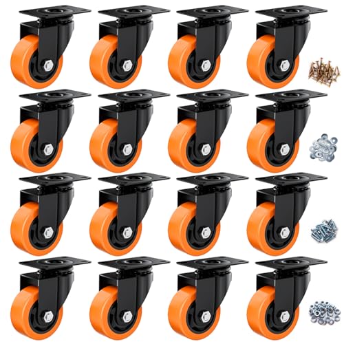 Image of 3 Inch Caster Wheels, Casters Set of 16 Heavy Duty, Orange Polyurethane (PU) Casters, Industrial Swivel Top Plate Castor Wheels for Workbench /Furniture /Cart (Pack of 16)