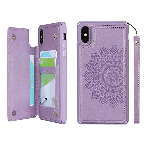 Étui iPhone X/XS Cavor en cuir PU violet avec porte-cartes et motif mandala gravé