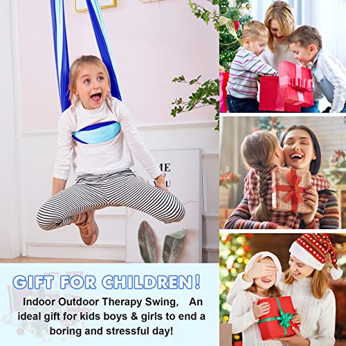 Therapy Swing Hammock Kids Cuddle Sensory Swing Indoor Therapeutic Hammock 360° Rotating Double Layer Elastic Rocking Cloth Swing Gifts for Children with ADHD SPD Asperger Autism (Blue+Sky Blue) - Thumbnail 5