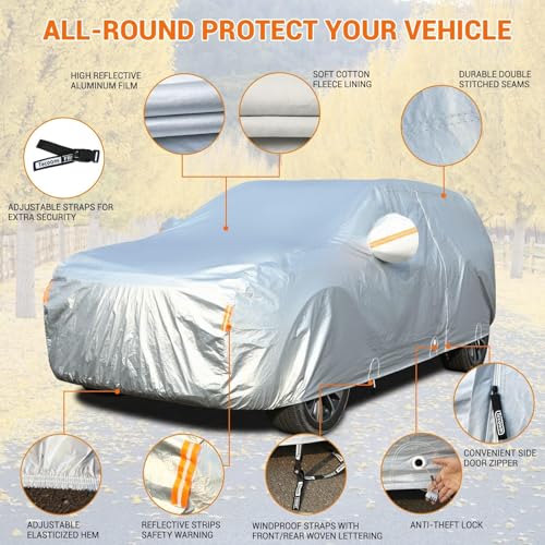 Image of Tecoom SUV Car Cover Waterproof All Weather, 3-Layer Fleece Lined Outdoor Indoor Cover with Zipper Door & Lock, UV Snow Hail Sun Protection, Fit for SUV (206 inch-215 inch)