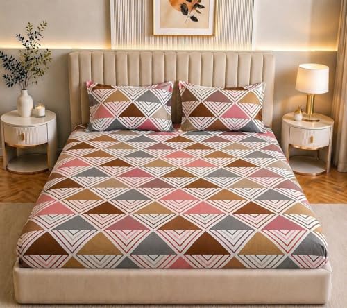 Image of Castiqa Elastic Fitted Supersoft Premium Polycotton 200TC King Size Bedsheets with 2 Pillow Covers (Fits Upto Mattress of 8Inches) (Pink, Full 72x78x8Inch)