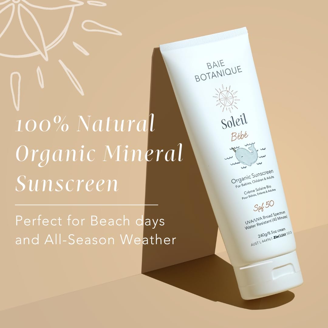 Baie Botanique Soleil Bébé Tube - Protección solar mineral biológica no tóxica para bebés y niños, SPF 50, girasol y jojoba, sin perfume, natural, vegano, sin huella blanca, arrecife