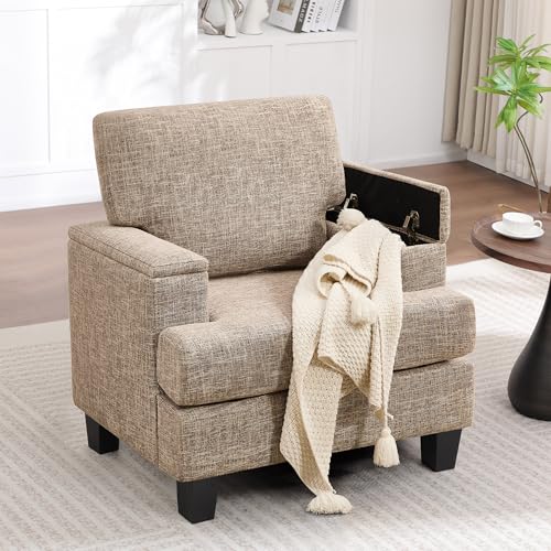 Image of Accent Chairs Set of 2 with Armrest Storage, Modern Upholstered Reading Living Room Chairs, Comfy Large Armchairs, Fabric Accent Chair for Bedroom (Yellowish Brown)
