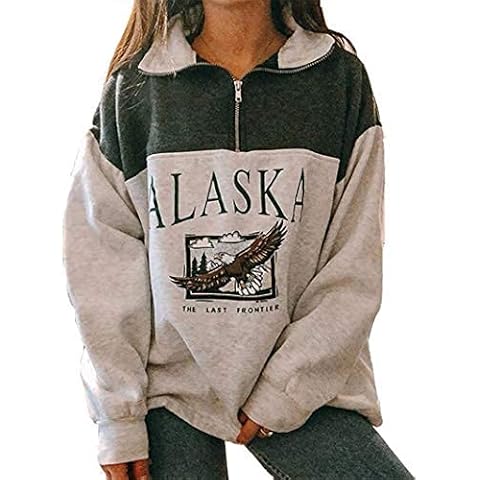 Alaska Letter Print Sweatshirt Loose Casual Long Sleeve Hip Hop High Crew Neck Zipper Eagle Graphic Top for Women (Grey,M,M) Cover