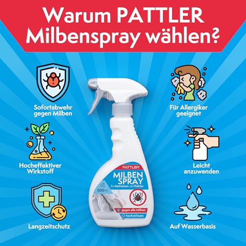 PATTLER® Milbenspray für Matratzen - 500ml. Anti Milben Spray Schonend & Giftfrei für Bettwäsche & Polster optimier. Kinder- & Tierfreundlich mit Langzeitschutz, nach PT19 Klassifizierung.