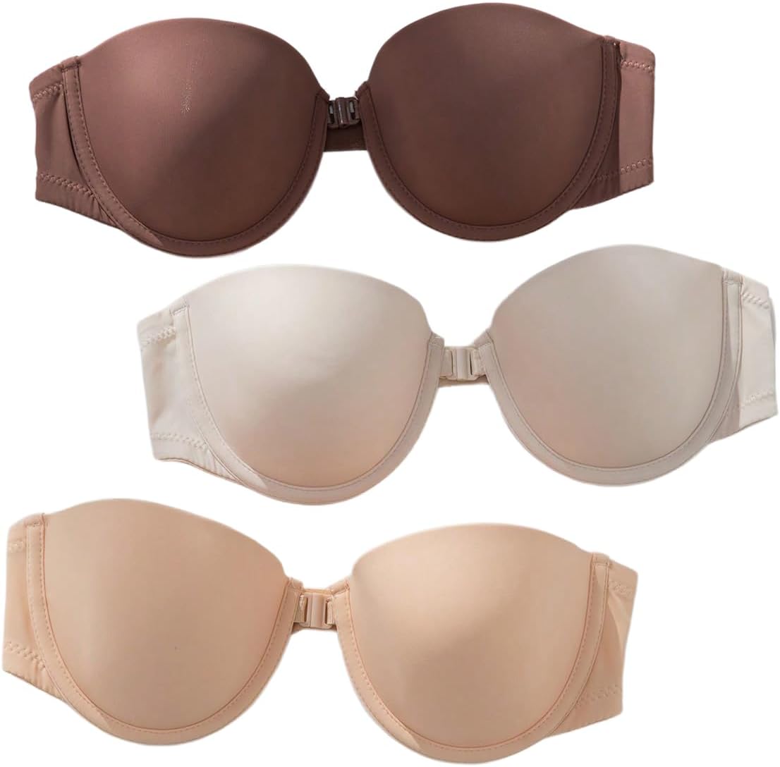 SOLY HUX Strapless Bras for Women 3 Piece Front Closure Underwire Bra Bandeau Invisible Bralette