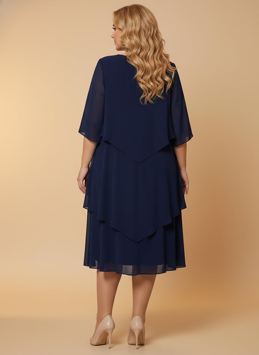 Plus Size Chiffon Wedding Guest Dress for Women Summer Elegant Ruffle Tiered Midi Cocktail Dress for Formal Party Evening