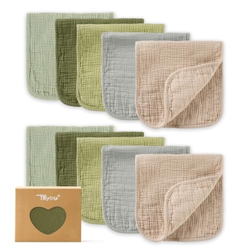 Image of TILLYOU Muslin Burp Cloths Baby Boy Girl 20" x 10", 6-Layer Absorbent 100% Cotton Burping Cloths Large Soft, 10 Pack(Gradient Green)