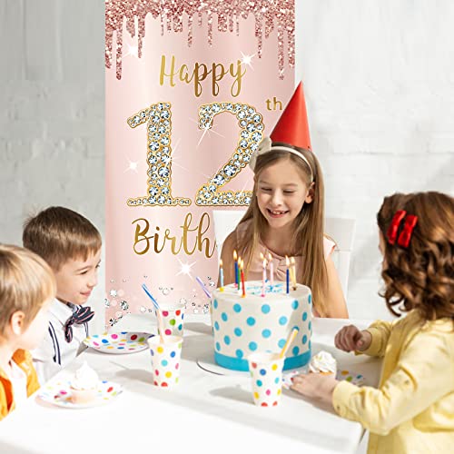 Image of 12th Birthday Door Banner Decorations for Girls, Pink Rose Gold Happy 12 Birthday Sign Door Cover Backdrop Party Supplies, Large 12 Year Old Birthday Poster Background Photo Booth Props Party Decor