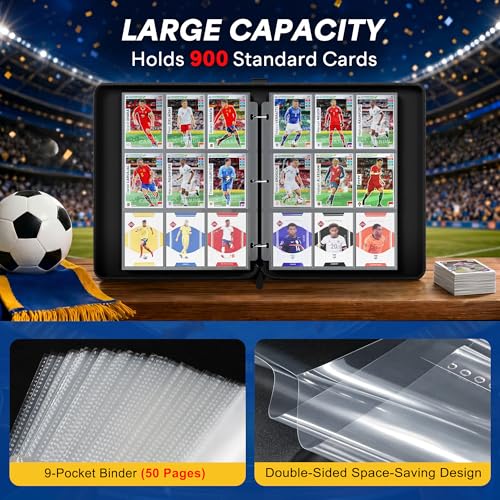 Image of Kabinka 9-Pocket Soccer Card Binder, 2025-2026 Soccer Trading Cards Binder Fits 900 Cards with 50 Removable Double-Sided Sleeves, Waterproof PU Card Albums for Soccer Fans