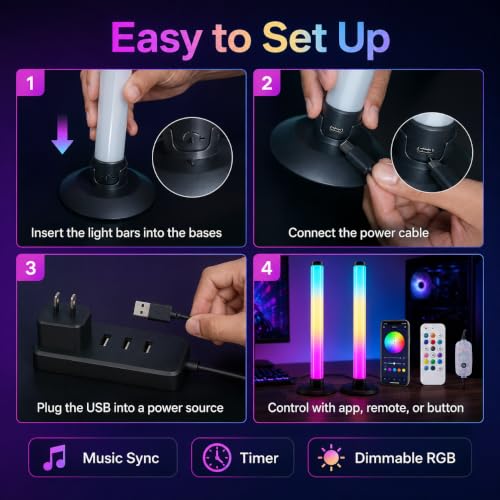 Image of One94Store RGB LED Gaming Light Bars (2 PCS) | Smart Ambient Lights with App, Remote & Button Control | Music Sync | Dimmable Color Changing Light for TV, PC, Gaming Room, Bedroom & Party Decor
