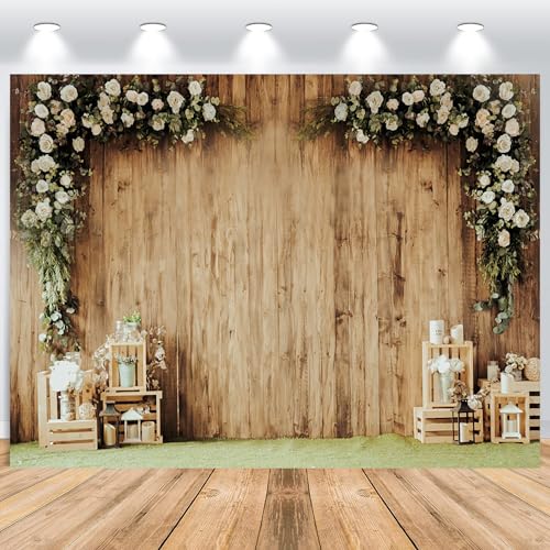 ASDCXZ Fondo de Pared de Flores 3,6x2,5 m, Fondo de fotografía de Vinilo de Pared de Flores Blancas de Grano de Madera Retro para decoración de Fiesta de Despedida de Soltera de cumpleaños de Boda
