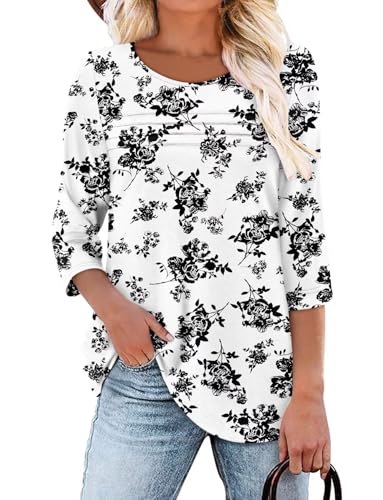 KISSMODA Women's Casual 3/4 Sleeve T-Shirts Round Neck Cute Tunic Tops Basic/Pleated Summer Tops Trendy Spring Blouses
