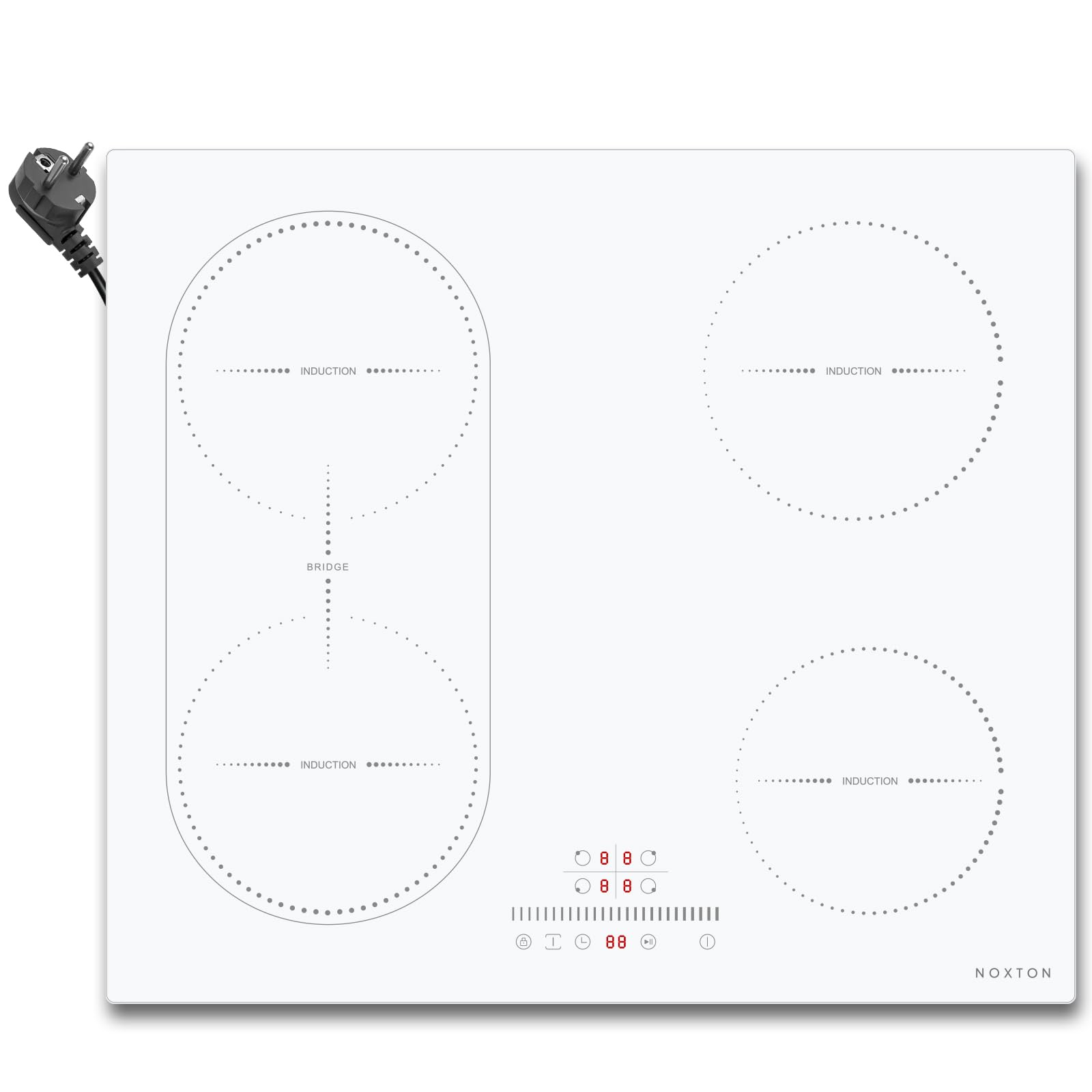 NOXTON Placa Induccion 4 Fuegos con Enchufe, Blanca Vitrocerámica, 60cm, Zonas Flezxibles, Funcion Boost, Controles Deslizantes, Función de aislamiento térmico, Cronómetro, 3500 W
