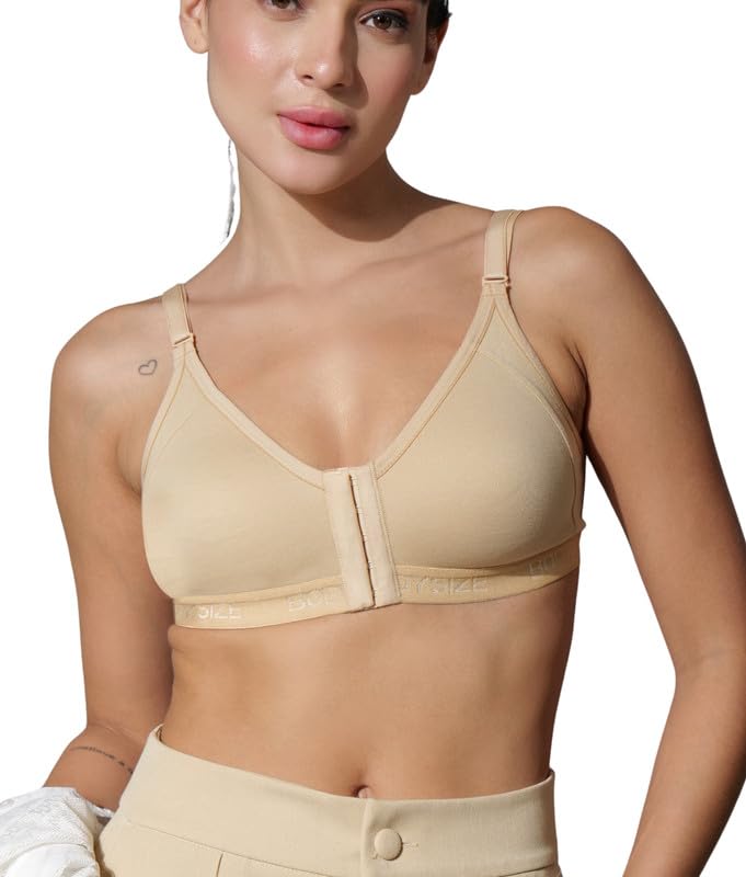 Image of BODYSIZE Cotton Front Open Bra for Women Daily Use | Non-Padded, Non-Wired | Sweat Absorbent Seamless Bra | Full Coverage Regular Wear | Twin Hook Adjuster (Cup Size: B)