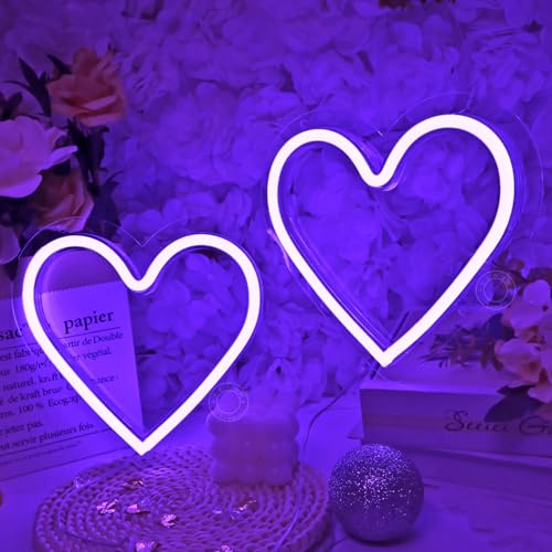 Image of SYLHOME 2 Pack Heart Purple Led Neon Light Sign Battery Operated or USB Powered Bedroom Wedding Wall Sign Decor Valentines Day Christmas Birthday Gifts USB 7.87 inch X 7.28 inch