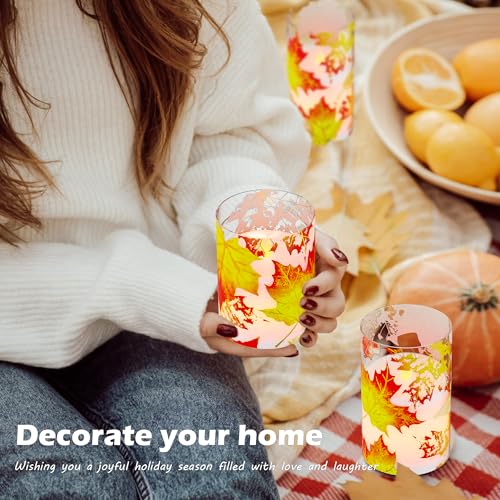 Image of Fall Flameless Candles, Maple Leaf Battery Operated with Remote, Glass Autumn LED Flickering Pillar Candles for Fall, Thanksgiving, Harvest, Halloween Decor, 3 Pack
