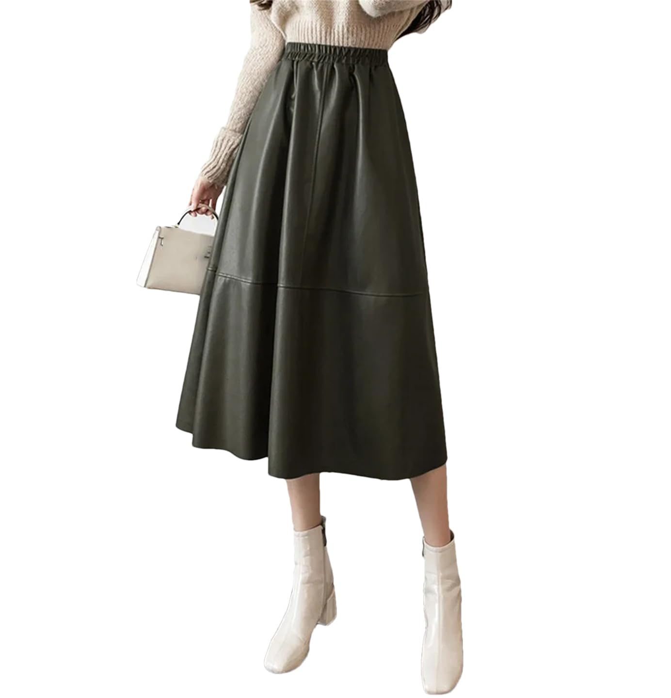 Wjnvfioo Elegantes faldas maxi de mujer cintura alta elástica falda de fiesta femenina vacaciones trabajo PU cuero faldas sueltas