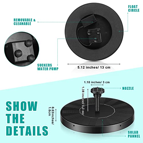 2 Packs Solar Bird Bath Fountain Pump with 6 Nozzle Solar Powered Bird Bath Floating Panel Water for Garden Fish Tank Pool(5.1 Inch) - Thumbnail 2
