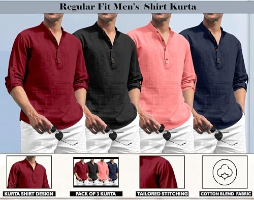 Image of Zombom Combo of Men's Solid Cotton Polyester Blend Full Sleeve Mandarin /Chinese Collor Straight Kurta Shirt (Pack of 4)