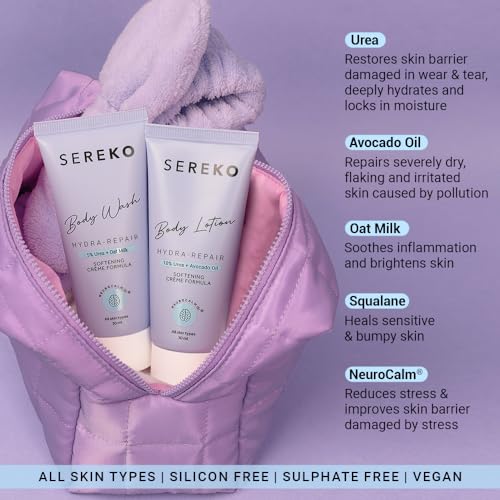 Image of Sereko 48H Skin Relief Body Wash and Lotion Travel Combo | Urea Treatment for Strawberry Legs, Detan, Brightening |Gentle Exfoliating, AHA & BHA Free for Very Dry, Flaky Skin 60ml