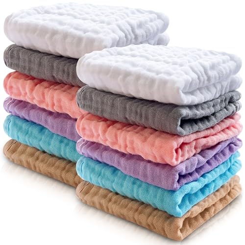 Image of Cute Castle 12 Pack Muslin Baby Washcloths - Large 12'' by 12'' - Ultra Soft 100% Cotton - Super Absorbent Burp Cloths for Unisex, Boy, Girl -Multicolor
