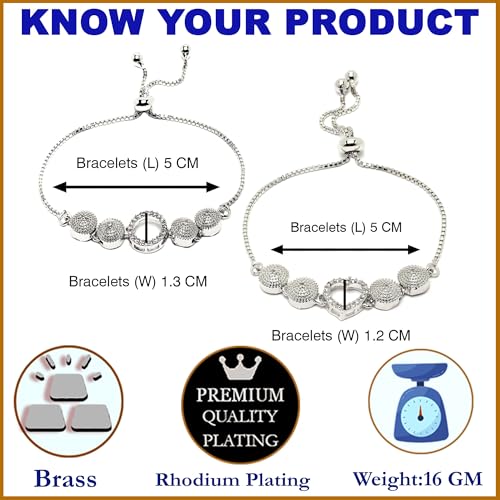 Image of ZENEME Set of 2 Rhodium-Plated Silver Toned American Diamond Bracelet Combo for Women & Girls Adjustable Designer CZ Tennis Bracelets