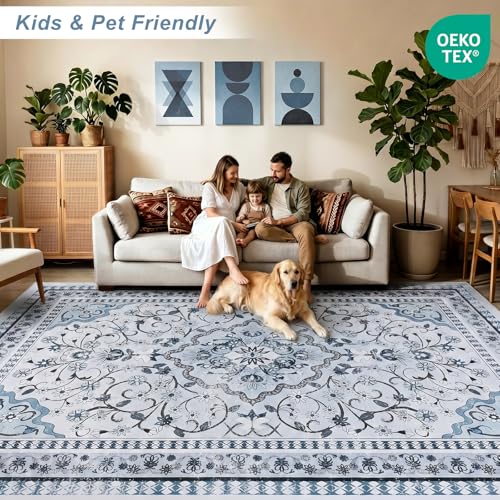 Image of BLEUM CADE 5' x 7' Blue Boho Washable Rugs for Living Room | Low Pile Non-Slip Area Rugs for Bedroom Dining Room Kitchen Classroom Office Nursery Playroom