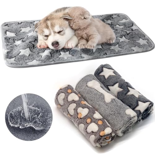 AYEHIOJU 3-Pack Premium Pet Blankets Super Soft & Warm - 31x20 Fluffy Fleece for Dogs Cats Puppies Star/Bone/Love Print Grey Cute Sleep Mat & Throw Indoor Travel Use cat beds for indoor cats