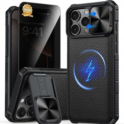 Image of Magnetic for iPhone 16 Pro Max Case with Privacy Screen Protector[Fit for Magsafe][Slide Camera Cover][Kickstand][Military Grade Protection] Shockproof Rugged Case for iPhone 16 Pro Max,Black