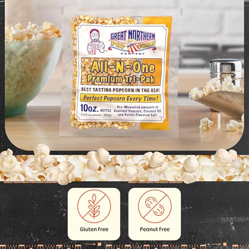 Image of 10oz Popcorn Machine Popcorn Packets - All-in-One Movie Theater Style Popcorn Kernels, Salt, and Oil Packs by Great Northern Popcorn (24 Case)