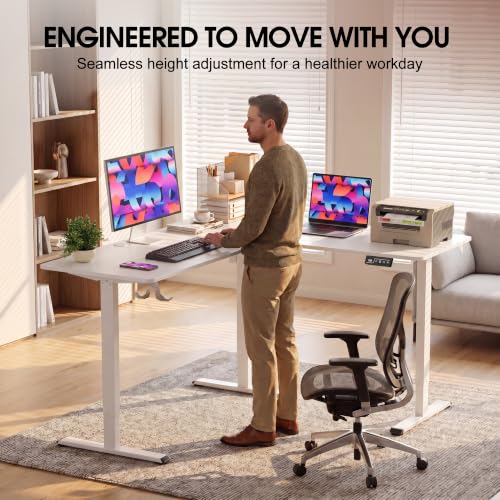 Image of Furmax 63 x 48 Inch L Shaped Standing Desk with 2 Preset Heights, Electric Height Adjustable Computer Table, 2 Hooks & Feet Balance, Corner Sit Stand Desk for Home Office (White, 63 x 48 Inch)