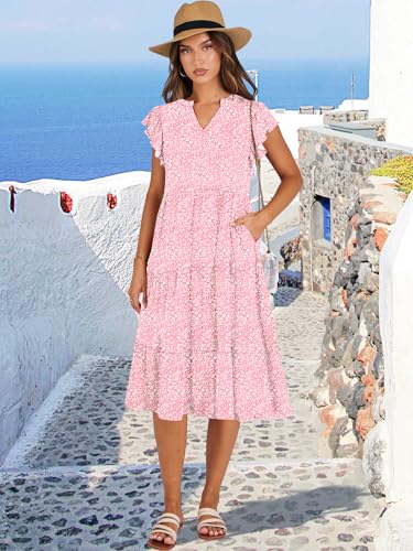 Image of ANRABESS Womens Summer Dress Ruffle Sleeve V Neck Midi Dresses Fashion Casual Fit Flowy Tiered Boho Beach Vacation Sundress