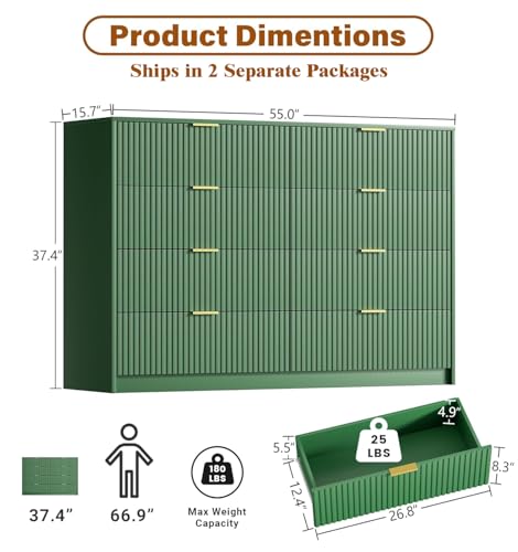 Image of Furniway Green Dresser for Bedroom, Modern Dresser with 8 Drawers and Smooth Slides, Wide Chest of Drawers with Golden Handles for Bedroom, Closet, 15.7 inch D x 55 inch W x 37.4 inch H