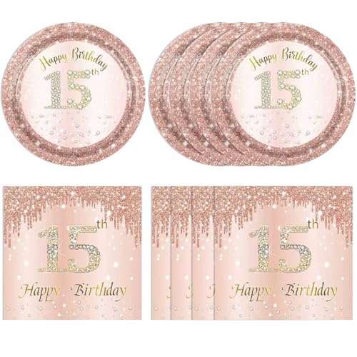 15th Birthday Decorations for Girls,15th Birthday Plates and Napkins,Rose Gold 15 Year Old Birthday Tableware 15 Party Table Decorations Supplies,Disposable 7'' Paper Plates, Napkins for Teen Party