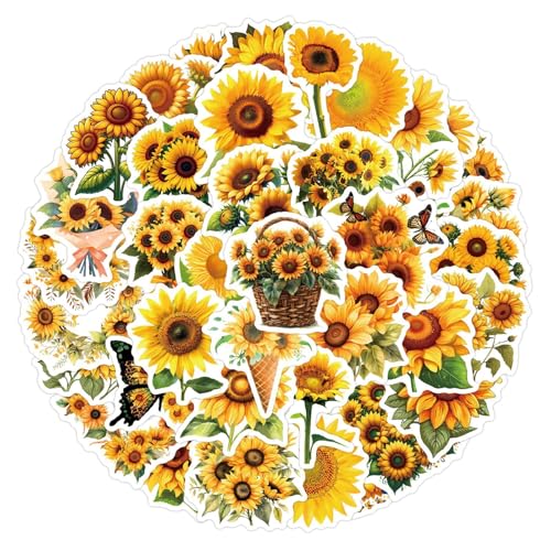 60 Pcs Sunflower Stickers Transparent Waterproof Vinyl Decals Aesthetic Floral Stickers for Journaling Scrapbooking Laptop Water Bottle Phone Case Happy Theme Decoration(Colourful-F8)