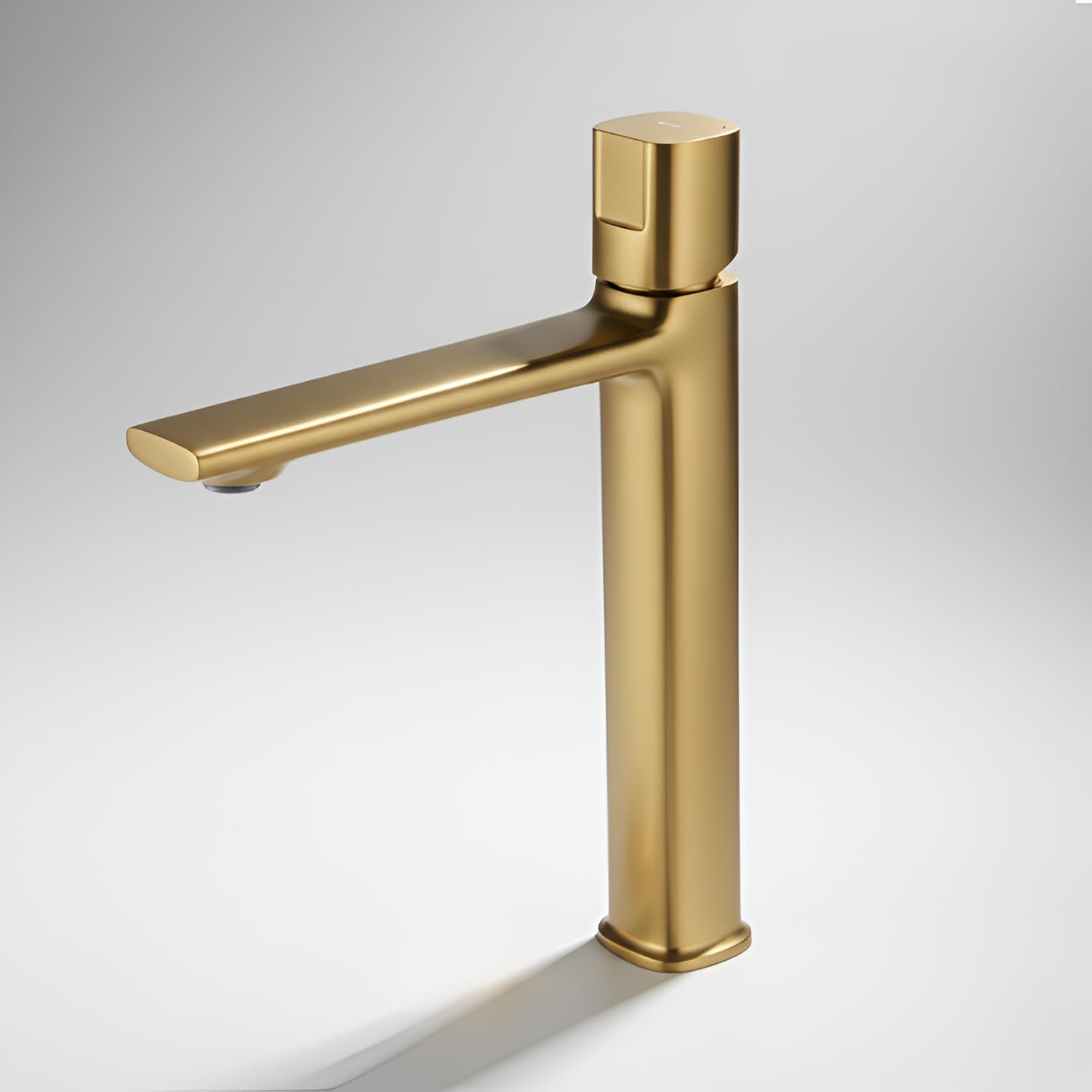FARON Mitigeur Vasque Haut pour Vasque à Poser, Robinet Lavabo Salle de Bain en Laiton Massif, Cartouche Céramique, Finition PVD Doré Brossé, Monocommande, Flexibles 60 cm Inclus