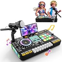 DJ Mischpult DJ Pult für Kinder 3-10 Jahre DJ Controller DJ Mixer Musikinstrumente mit Mikrofon 100+ Soundeffekten Licht Akku, Geschenk Spielzeug für DJ-Anfänger Jungen Mädchen 3 5 6 7 8 9 10 Jahre