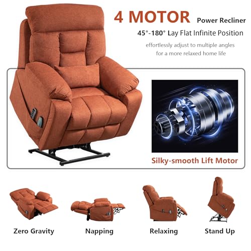 Image of 4 Motor Power Lift Recliner Chair for Elderly, 400LBS Big Man Oversized Lay Flat Recliner with Massage Heat, Zero Gravity Electric Lift Chair, Adjustable Headrest, Cup Holders, Orange