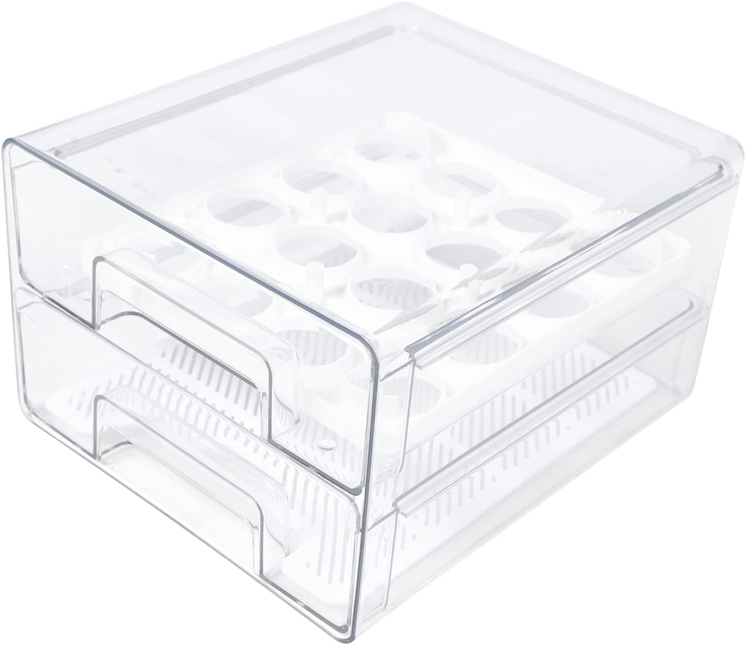 Refrigerator Organizer Bin with Egg Holder and Ventilation Window Transparent Vegetable and Fruit Storage Drawer Stackable Design for Freshness Kitchen and Pantry