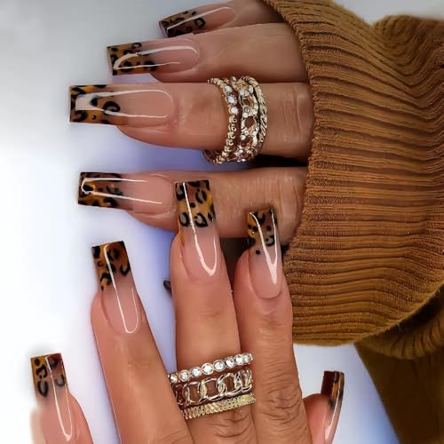 Medium Press on Coffin Nails - Brown Fake Nails with Leopard Print Design - Ombre Winter False Nails Press ons - for Women 24 Pcs