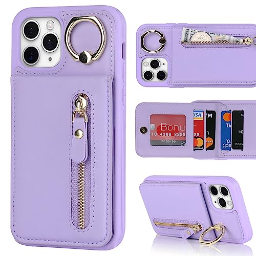 Jaorty for iPhone 11 Pro Max Phone Case with Card Holder,for iPhone 11 Pro Max Case for Women Men with 360 Rotation Ring Kickstand,Credit ID Card Slot Holder,Leather Zipper Wallet Case,6.5