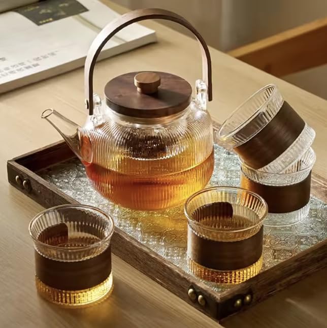 Wooden Teapot & Transparent Tea Cup Glass Tea Set – Elegant Glass Tea Pot with Wooden Handle, Tea Set for Home, Office, and Tea Lovers (7)