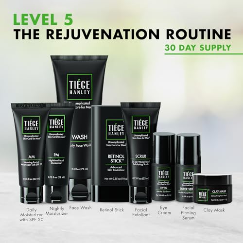 Tiege Hanley Mens Skin Care Set, Rejuvenation Skin Care Routine for Men (System Level 5) - Men's Skincare Set Includes Face Wash, Scrub, Moisturizer, Eye Cream, Face Serum, Clay Mask, & Retinol Stick - Image 3
