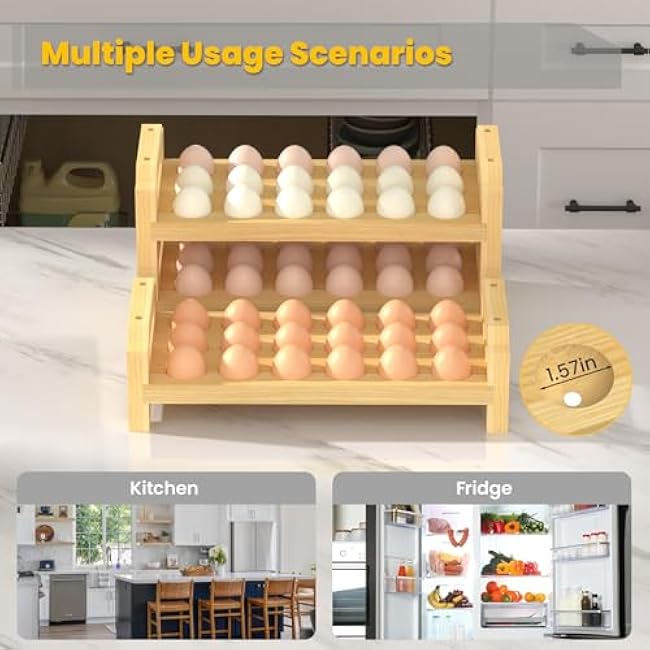 Egg Holder Countertop, 3-Tier Stackable Wooden Egg Holder for 54 Eggs, Space Saving Countertop Organizer, Multi-Size Egg Storage Rack for Chicken Duck Turkey Quail Eggs, Natural