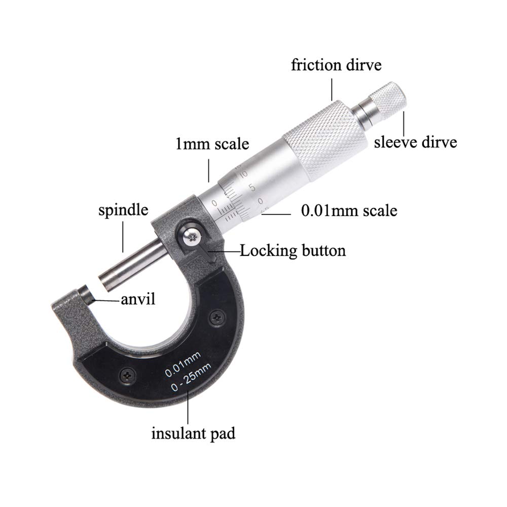 Beslands Micromètre Extérieur 0-25 mm, Résolution de 0,01 mm Haute Précision Calibre de mesure, outil de mesure de diamètre extérieur(Métrique)