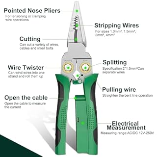 GADO Pro 8-in-1 Wire Stripper/Cutter with Voltage Tester & Dual Alarms - Heavy Duty 12-250V AC/DC Electrical Tester for Hot/Neutral Wires - Electrician, HVAC, Car Repair Tool (Green)