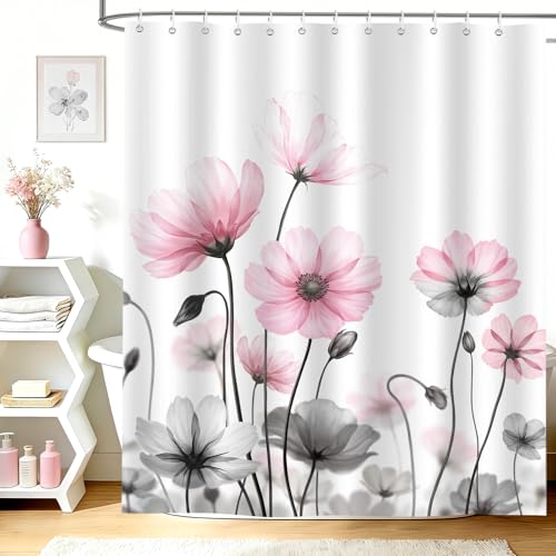 hometrixx Rideau de Douche 180 x 200 cm Aquarelle Fleurs Rose Gris Boho Printemps Rideaux de Baignoire Tissu Polyester Imperméable pour Salle de Bain Lavable...
