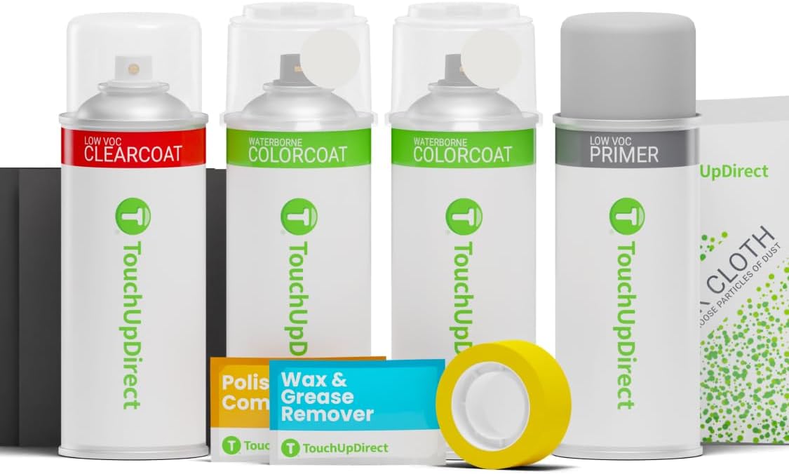 TouchUpDirect Car Paint Touch Up Spray Kit – Compatible with Ford AZ/M7446A Star White Metallic Tricoat Exact Match Auto Paint Kit with Car Color Spray and Clearcoat, for Repainting or Scratch Repair, Platinum Kit