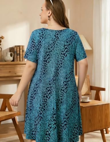 Image of OVERWORETY Womens Short Sleeve Plus Size T-Shirt Dress V Neck Casual Loose Swing A-Line Summer Tunic Dresses with Pockets